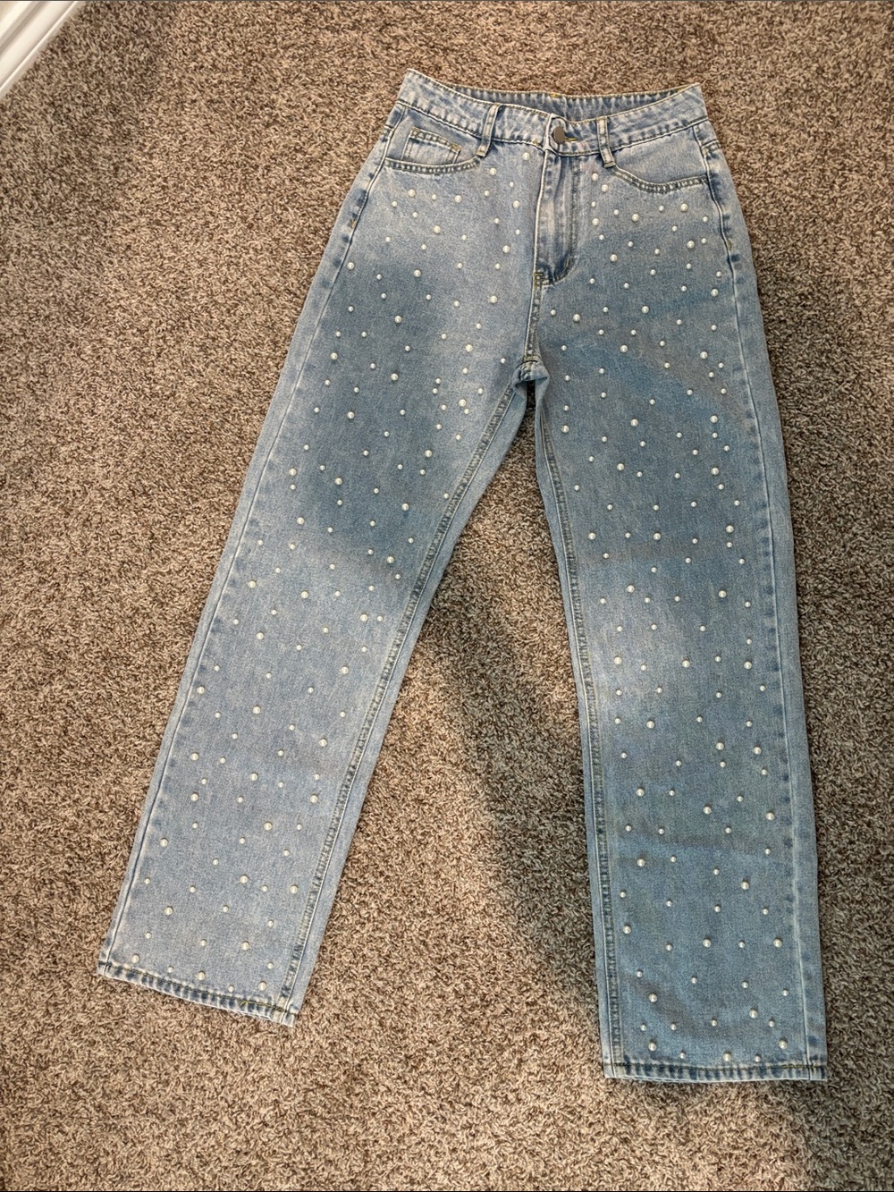 Straight Leg Pearl-Embellished Light Blue Jeans